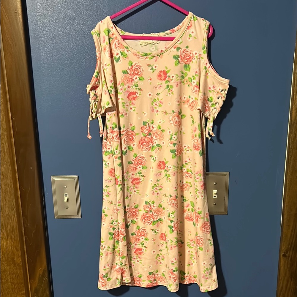btween Floral Cold Shoulder Dress - Pink and Green